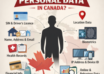 Infographic showing types of personal data in Canada, including health, financial, biometric, and online identifiers.