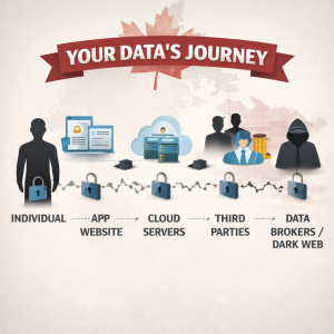 Diagram showing how personal data moves from an individual through apps, cloud services, third parties, and data brokers.