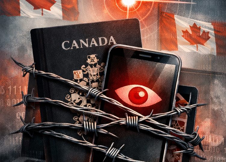 Canadian passport and smartphone wrapped in barbed wire symbolizing loss of privacy and digital rights