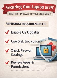 Checklist infographic showing essential privacy settings including OS updates, disk encryption, firewall, secure account, and app permissions.