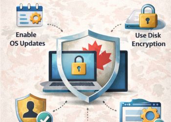 Infographic showing a laptop protected by a shield, surrounded by icons representing updates, encryption, firewall, account security, and app management.